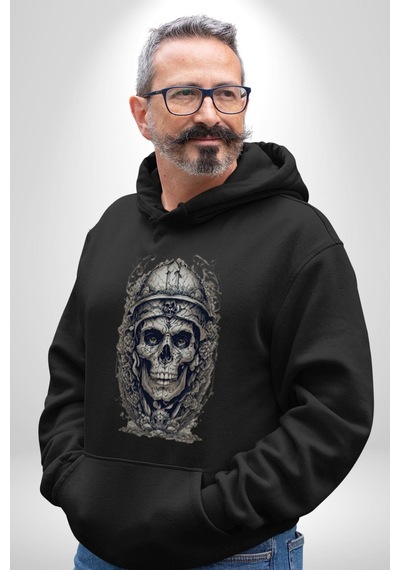 Kask Miğfer İskelet Asker Kadın Erkek Siyah Kapüşonlu Sweatshirt Hoodie Siyah