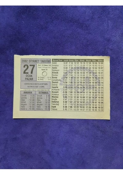 27 Ocak 2002 Takvim Yaprağı - Nostaljik Koleksiyonluk Takvim Yaprağı