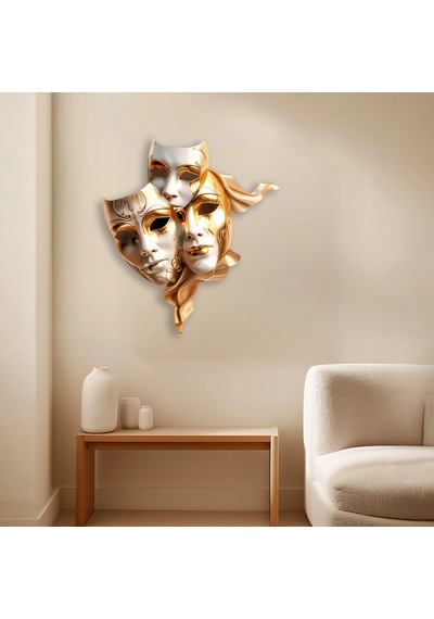 Altın Tiyatro Maskeleri - Metal Tablo - Dec0097 58 X 65 Cm Çok Renkli