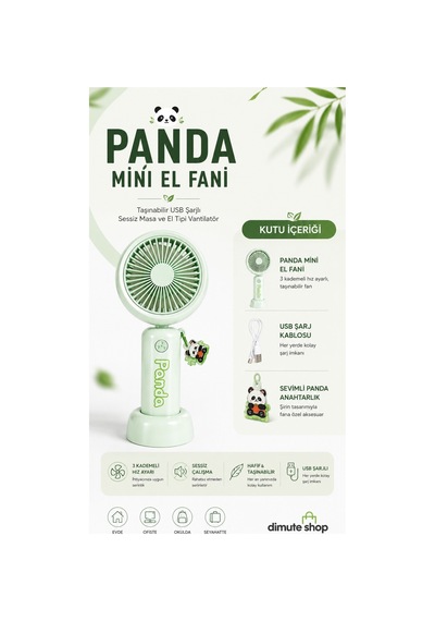 Panda Mini El Fanı Taşınabilir Usb Şarjlı Sessiz Masa Ve El Tipi Vantilatör Yeşil - 893028888