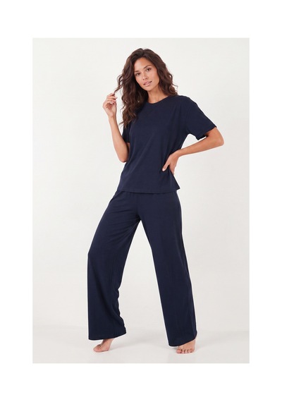 Lela Yumuşak Dokulu Bisiklet Yaka Lastikli Bel Kısa Kollu Pijama Takımı Bayan Pijama Takımı 65720102 Lacivert