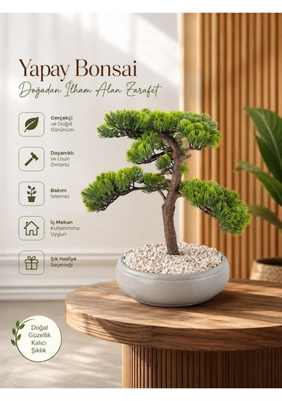 Premium Kalın Gövdeli Yapay Bonsai Ağacı - Modern Gri Saksıda Çok Renkli