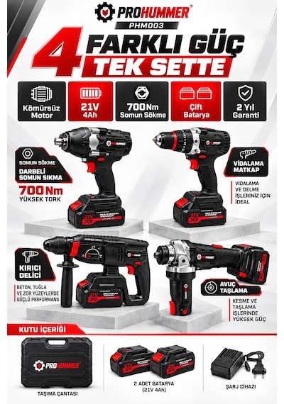 Prohummer Phm003 Blackforce Profesyonel Kömürsüz Akülü 4lü Vidalama Seti - 21v 4ah 700nm Somun Sökme, Vidalama Matkap, Kırıcı Delici Ve Avuç Taşlama