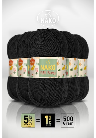 Elit Baby - 217 Siyah - 5'li Paket - 100gr/250m - Bebek İpi - Anti Pilling Tüylenmez İp