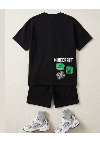 Cg Kids Minecraft Erkek Çocuk Tshirt & Şort Alt Üst Takım Süper Kalite Arka Etek Baskı Detay Siyah