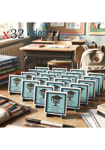 Öğretmenden Öğrencilere Özel 32 Li Sınıf Seti Hayat Ağacı Ve Kep Figürlü Modern Hediye 10x10 Cm