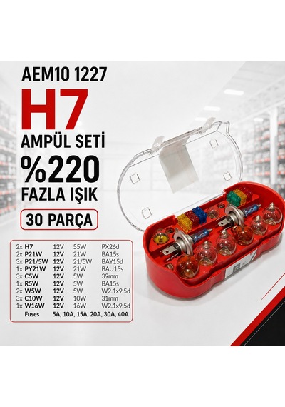 Aem10 1227 H7 Yüksek Performanslı Ampul Seti %220 Ekstra Aydınlatma - 30 Parça Çantalı Evrensel Araç