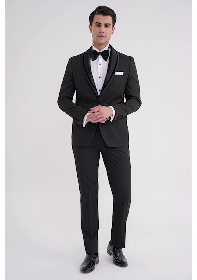 Slim Fit Çıkarılabilir Saten Yaka Tek Düğme Siyah Damatlık Smokin Takım Black 073 Siyah