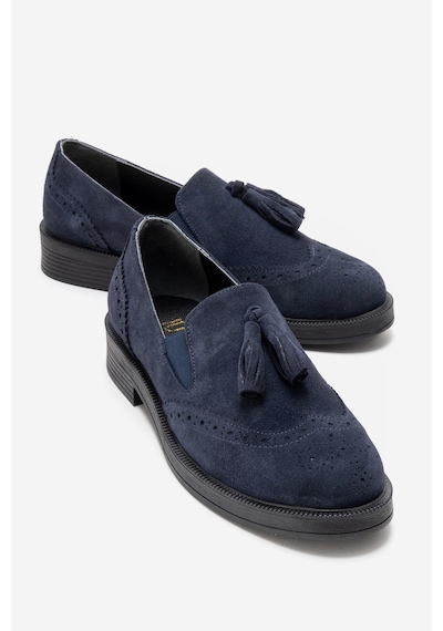 Luvishoes Alex Lacivert Süet Hakiki Deri Püsküllü Lastikli Kadın Loafer Ayakkabı Lacivert