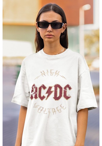 High Ac Dc Voltage Baskılı Unisex Oversize Rock Metal Tişört Beyaz