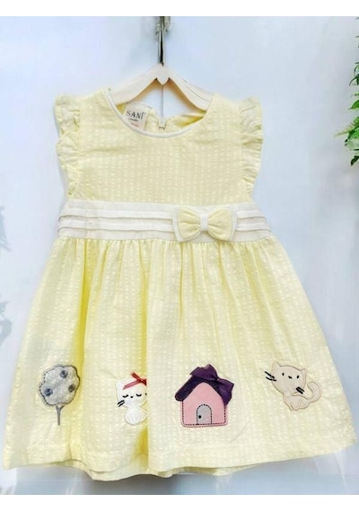 Zekids Kız Bebek Fiyonklu Patch Nakışlı Elbise-14527 Sarı