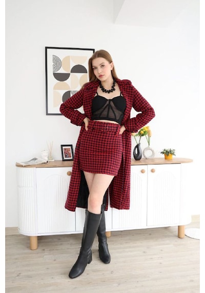 Neşeli Butik Kadın İthal Kaşe Kumaş Etek Ve Kaban İkili Takım Nbemp2576 bordo