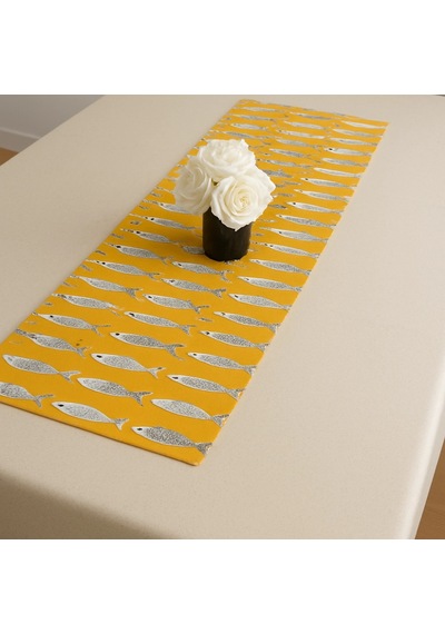 Alaçatı Balık Desenli Runner, Duck Kumaş Runner, Su Ve Leke İtici Dayanıklı, Modern Tasarım 40x145 Sarı