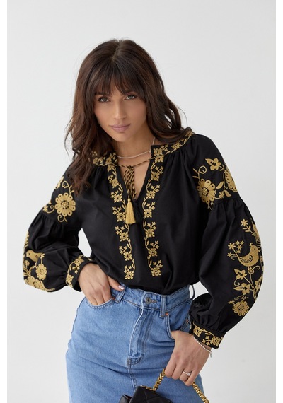 Femelle Kadın Siyah Püsküllü Nakış İşlemeli Vintage Bluz