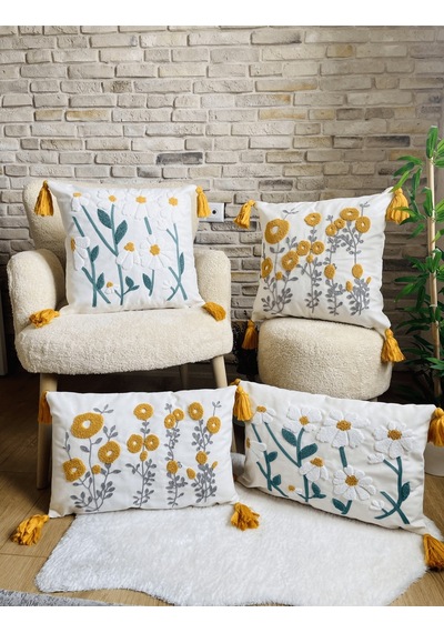 Swita Home 4'lü Kombin Punch Işlemeli Kırlent Kılıfı Panç Gri - Sarı