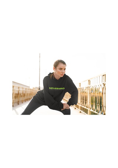 Nevermınd Unisex Yazı Baskılı Oversize Baskılı Kapşonlu Sweatshirt 3 Iplik Siyah Siyah