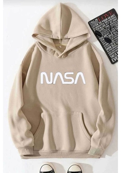Medinenur Unisex Nasa Baskılı Kapüşonlu Sweatshirt Bej