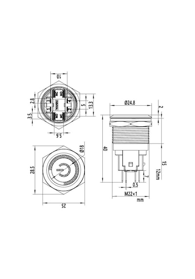 Motorobit 22E-P1Z-Ec 22Mm Düz Anahtarlı Işıklı Power Metal Buton - Mavi