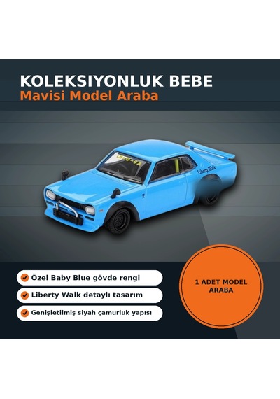 1/64 Ölçekli Baby Blue Nissan Lb Works Hakosuka Diecast Model Araba