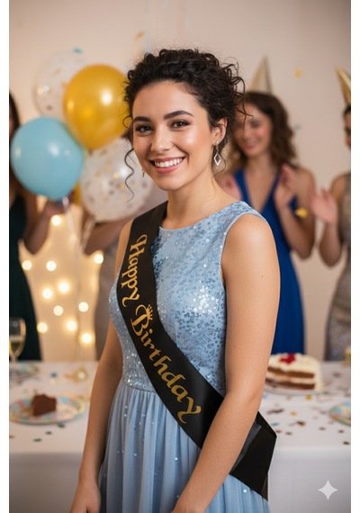 Happy Birthday Kuşak Saten Siyah Üzeri Altın Baskılı Doğum Günü Kuşağı Diğer