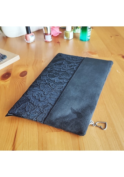 Ju Yaratıcı Tasarım Kadın Portföy & Clutch Çanta Süet Dantel Siyah