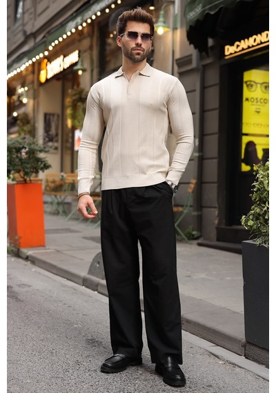 Madmext Taş Rengi Polo Yaka Slim Fit Erkek Triko Kazak E7527