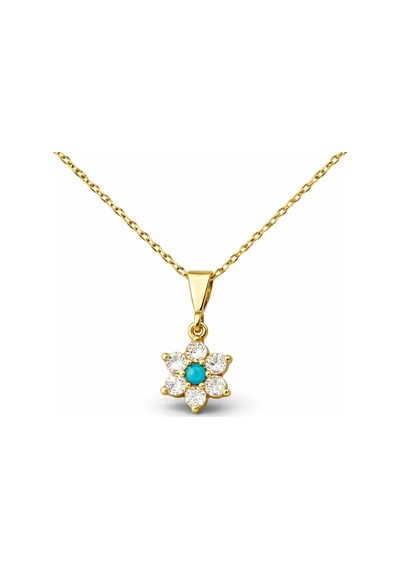 Gümüş Mavi Taşlı Gold Çiçek Kadın Kolye Gümüş Gümüş