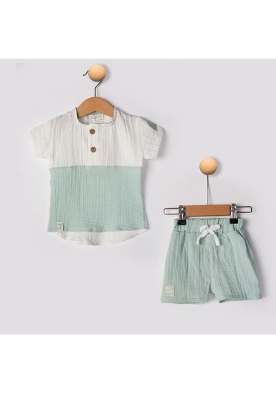 Babyhola Erkek Bebek Müslin Kumaş Şortlu Takım Yazlık Kısa Kollu 2 Li Takım 22455 Mint