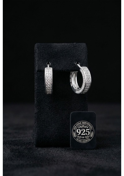 925 Ayar Gümüş Rodyum Renk Zirkon Taşlı İki Sıra Huggie Halka Küpe - Küçük
