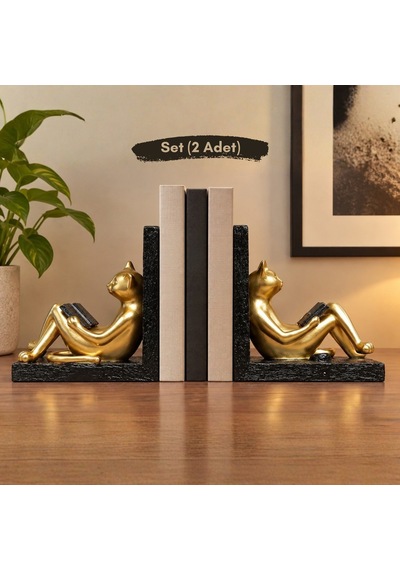 Feline Siyah/gold Kedi Kitap Tutucu Biblo Seti 2 Adet