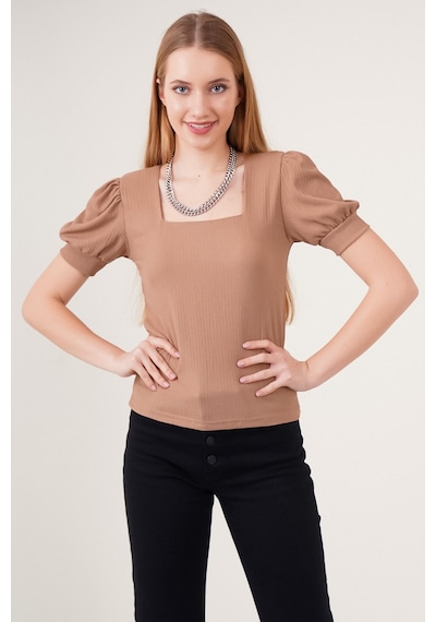 Hiccup Bdart Slim Fit Kare Yaka Bluz Deve Kahvesi