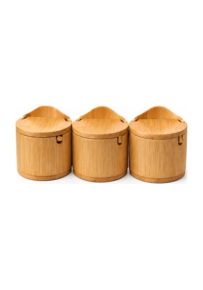 3'lü Kaşıklı Bambu Baharatlık Seti Kapaklı Saklama Kabı Kahve Şeker Tuz Kuruyemiş Organizer Şekerlik