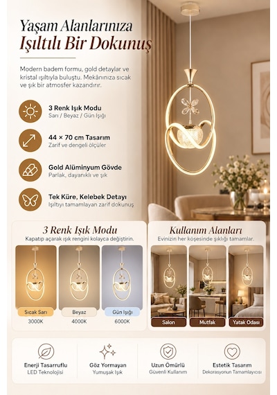 Ey-El Tasarım Badem Modern Sarkıt Led Avize 3 Renk Toplu Kelebek Taşlı Gold Kaplamalı Gold