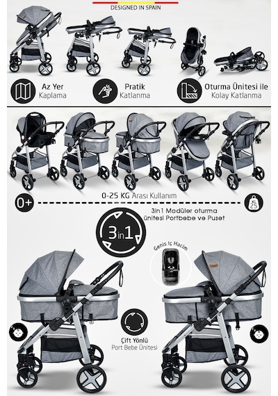 Baby Home 950 Tayla 6 In 1 Mama Tablalı Çift Yönlü Travel Sistem Bebek Arabası Siyah