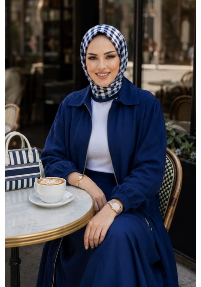 Hb Harma Time Butik Kadın Fermuarlı Çilek Kumaş Lacivert Ceket Etek İkili Takım