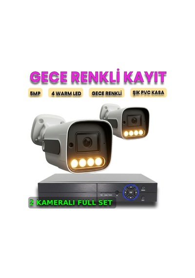 5 Megapiksel Gece Renkli Gösteren 2 Kameralı Güvenlik Kamerası Seti