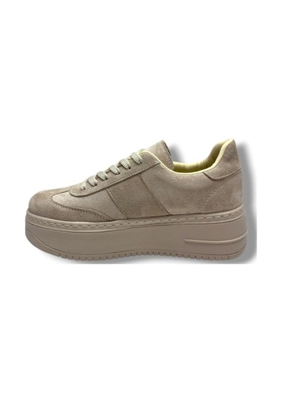 Şanzelize K16-26 Süet Deri Yüksek Anatomik Taban Bağcıklı Kadın Sneaker Bej