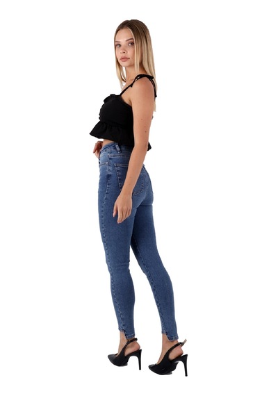Alemdarshop Mavi Renk Dar Paça Eskitme Detaylı Yüksek Bel Jeans - Mavi