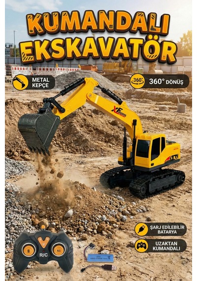 Uzaktan Kumandalı Şarjlı Metal Kepçeli 360 Dönen Rc Ekskavatör İş Makinesi Oyuncak - Sarı Çok Renkli