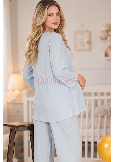 Quilling Lady Bebe Mavi Renkli, Dantel Detaylı 33209 Uzun Kol, 2 Parça Lohusa Hamile Pijama Takımı Açık Mavi M - L