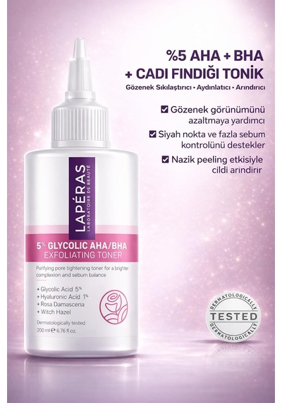 Lapéras 5% Glycolic Aha Bha Exfoliating Toner, Glikolik Asit Salisilik Asit Tonik, 200 Ml