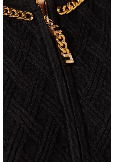 Elit Elisabetta Franchi Diamond Trim Jakar Triko, Metal Detaylı Mini Elbise Siyah
