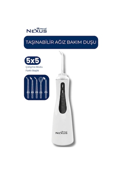 Şarjlı Taşınabilir Ağız Duşu 5 Başlıklı 5 Modlu Ipx7 350 Ml Beyaz