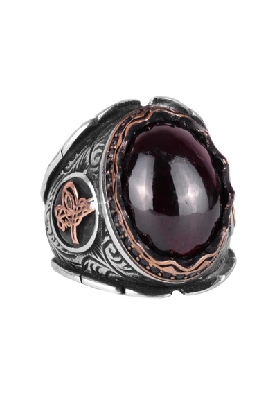 925 Ayar Gümüş Yüzük, Gerçek Doğal Garnet Taşlı Yüzük, Osmanlı Tuğra Yüzüğü Gümüş