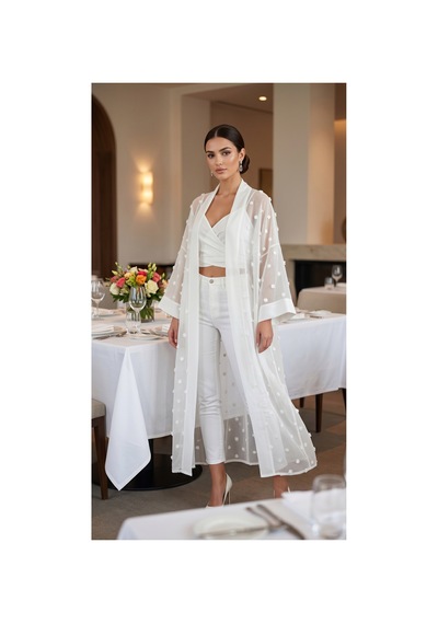 Lila Mare İpek Keten Kimono Abaya Beyaz Beyaz