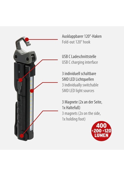 Brennenstuhl Hl 400 Ac/led Pilli Atölye Lambası, Entegre Pilli 400 Lm, 3 Ayrı Açılıp Kapatılabilir Işık Kayna