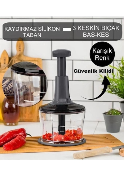 Rondom Çelik 3 Bıçaklı Pratik Basmalı El Rondosu Doğrayıcı Büyük Boy 2365 Çok Renkli