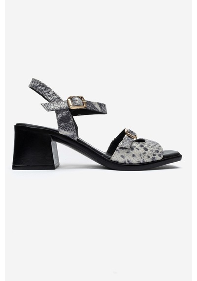 Luvi Shoes Yolen Siyah Desenli Hakiki Deri Kadın Kalın Topuklu Sandalet