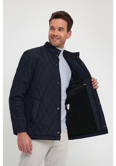 Sivaist Erkek Lacivert Standart Fit Normal Kesim Içi Kürklü Dik Yaka Çıtçıtlı Dolgulu Desenli Overcoat-Lacivert