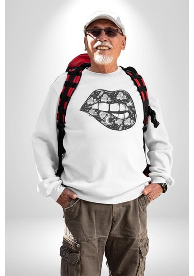 Ay Yıldız Dudak Bulut Dövme Unisex Beyaz Baskılı Sweatshirt Beyaz